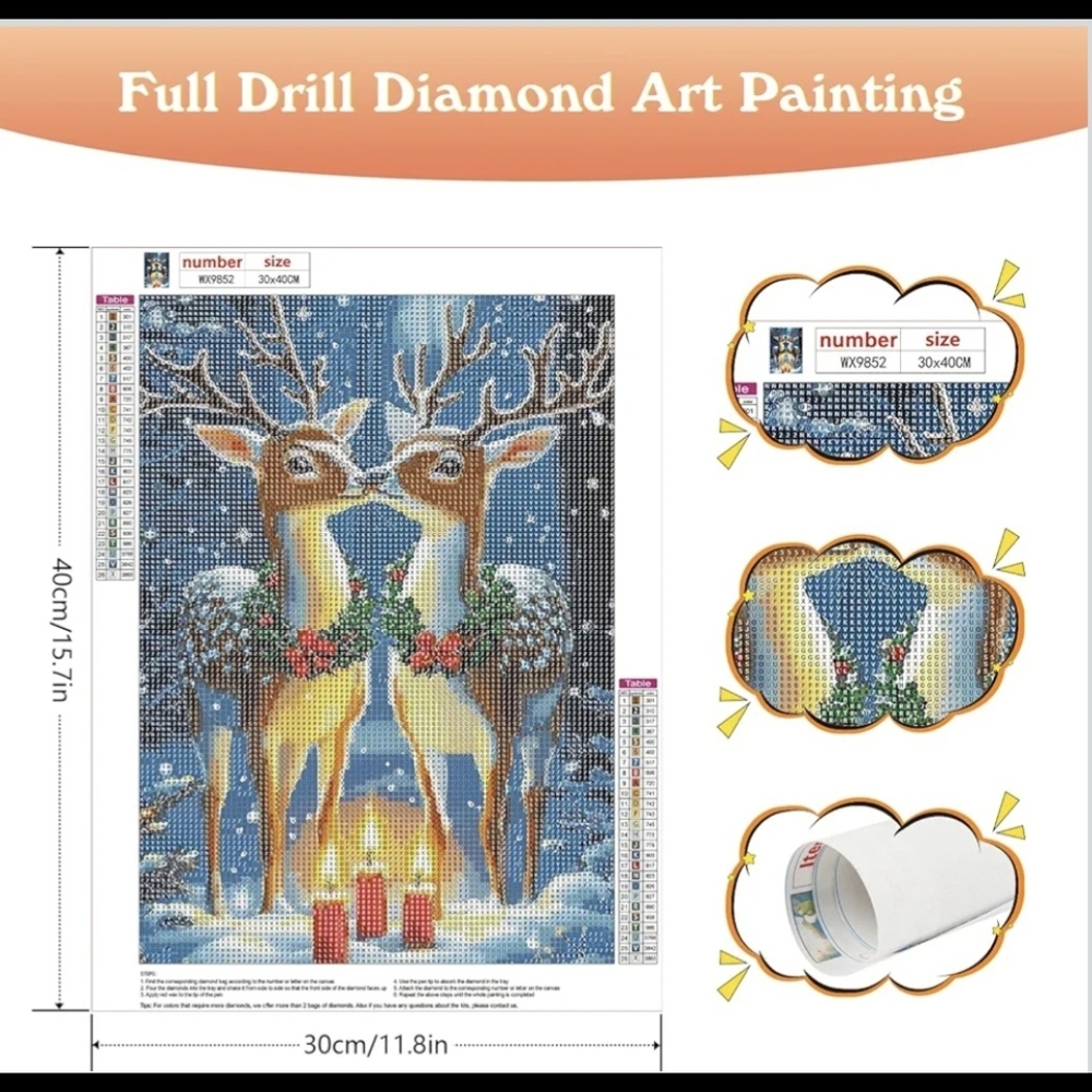 Christmas Holiday Kissing Reindeer Red Holly Diamond Painting Kit New - Picture 2 of 7